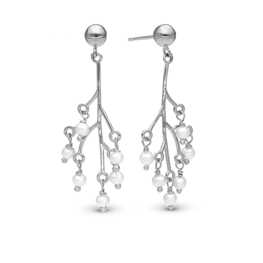 Cherry Tree Dangle Earring - Polished Sterling Silver with 12 white Ferskvandsperler