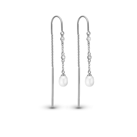 Pearl Drops Dangle Earring - Polished Sterling Silver with 6 white Ferskvandsperler