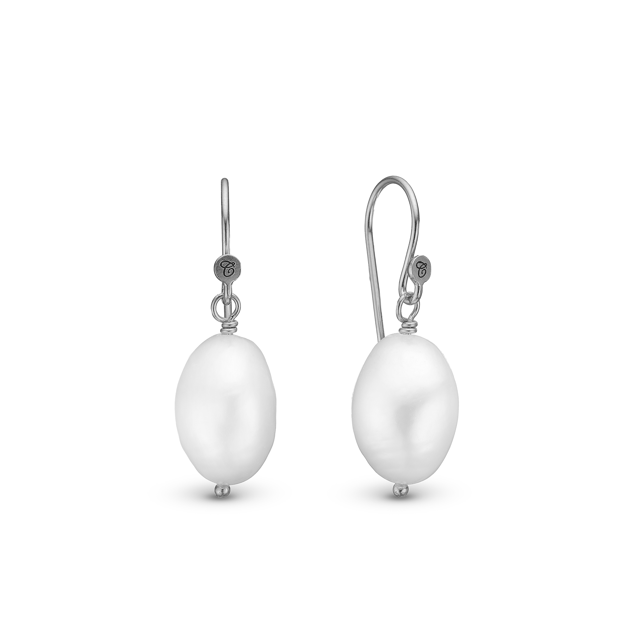 Pearl Dream Dangle Earring - Polished Sterling Silver with 2 white Freshwater Pearls