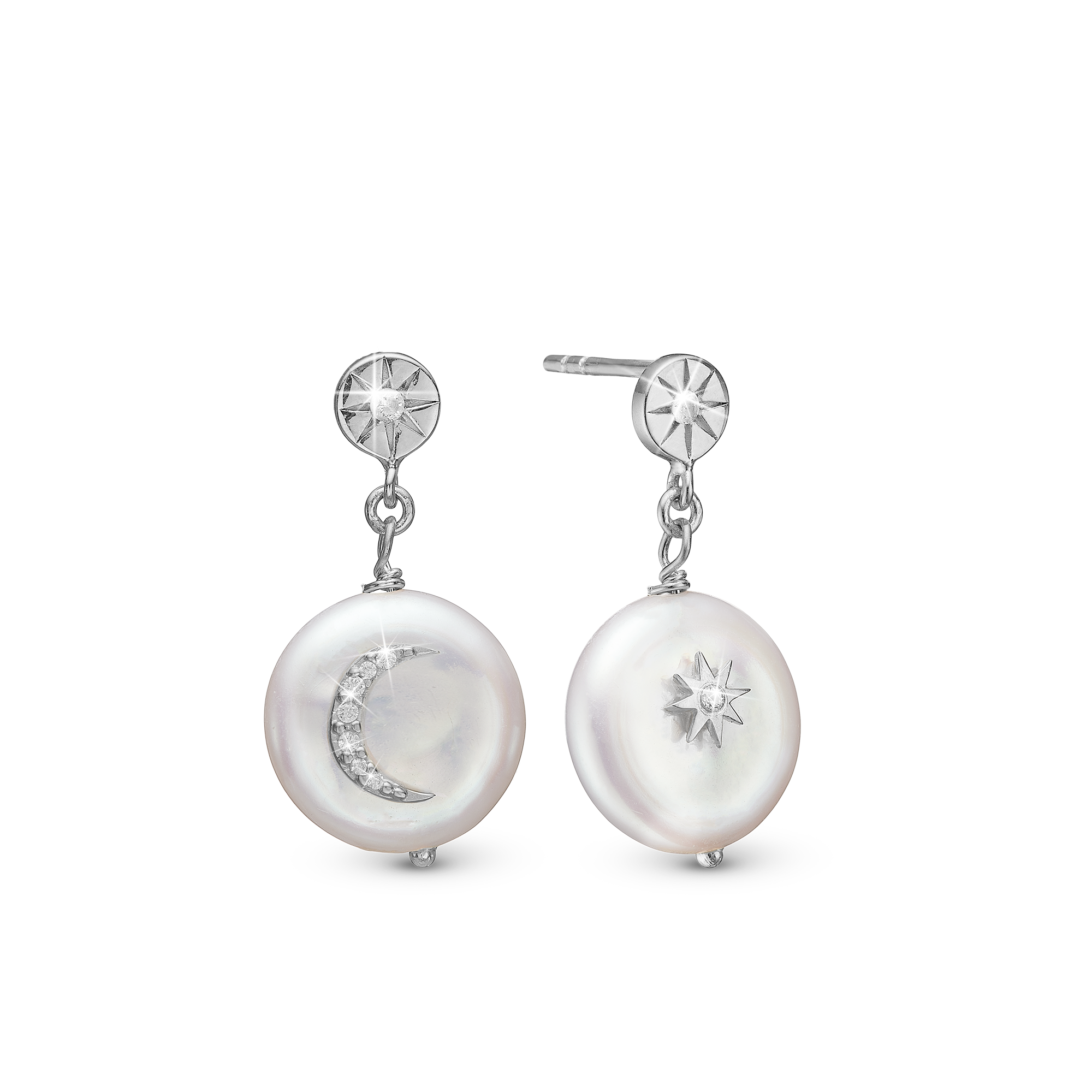 Sun & Moon Dangle Earring - Sterling Silver with 10 white Freshwater Pearls