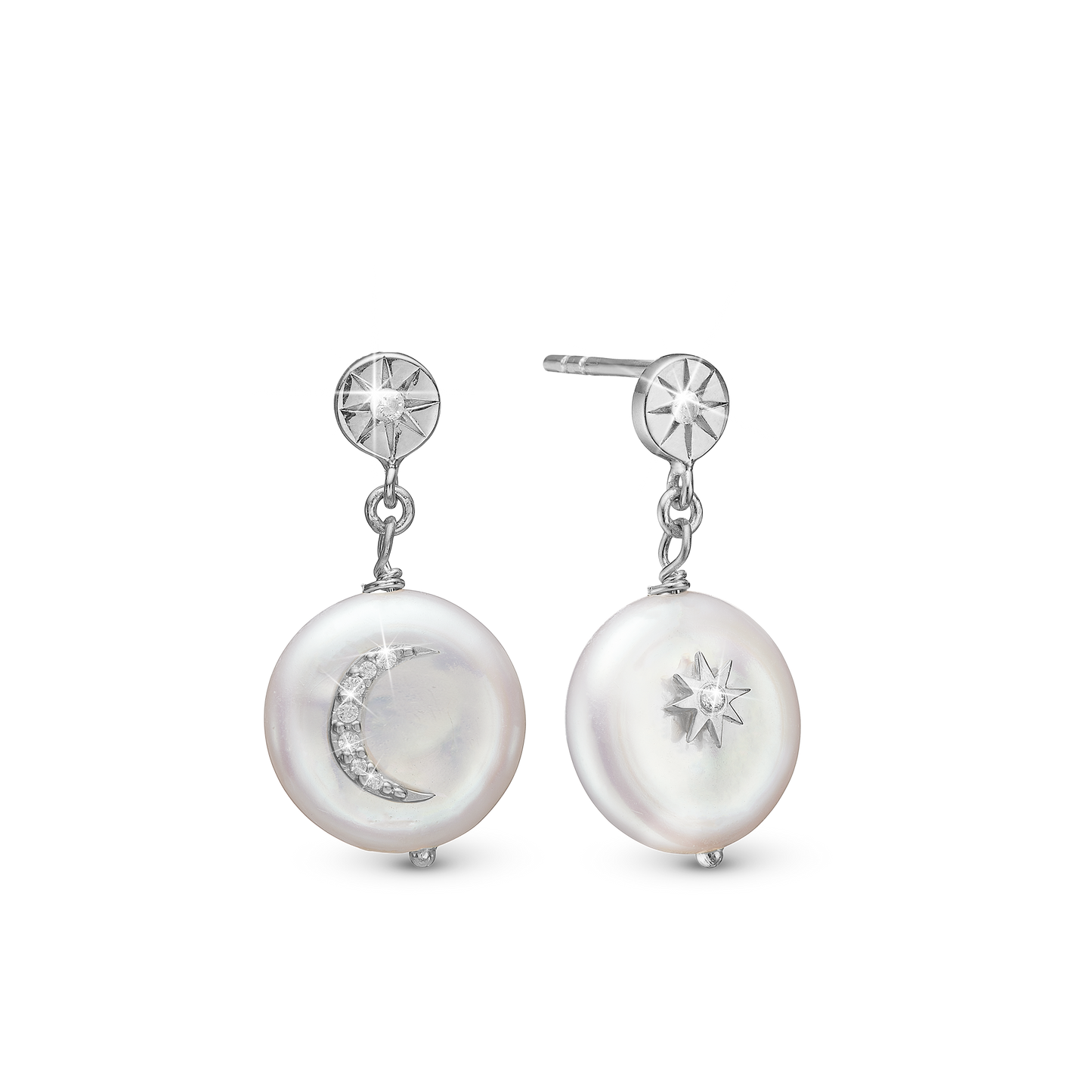 Sun & Moon Dangle Earring - Sterling Silver with 10 white Ferskvandsperler
