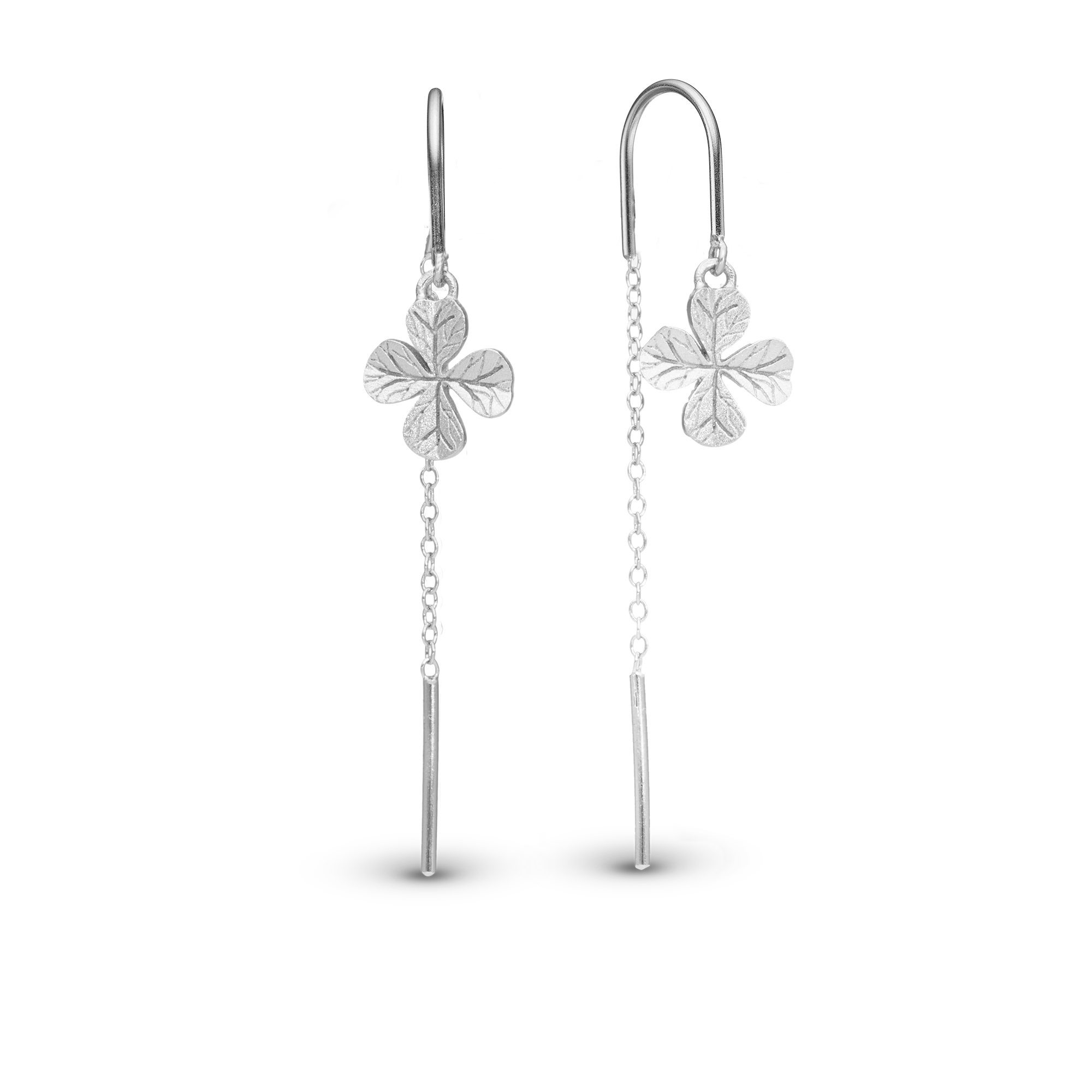 Long FoWatch Leaf Clover Dangle Earring - Brushed Sterling Silver