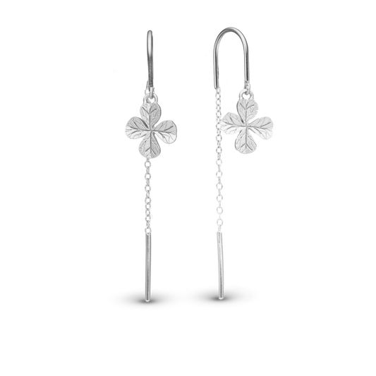 Long FoWatch Leaf Clover Dangle Earring - Brushed Sterling Silver