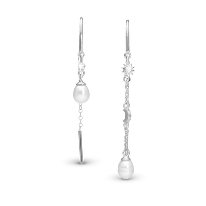 Day & Night Dangle Earring - Polished Sterling Silver with 2 white Ferskvandsperler