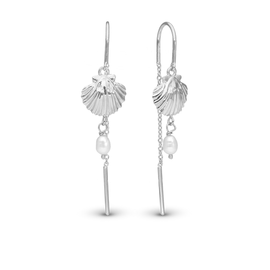 Long Clam Shell Dangle Earring - Polished Sterling Silver with 2 white Ferskvandsperler