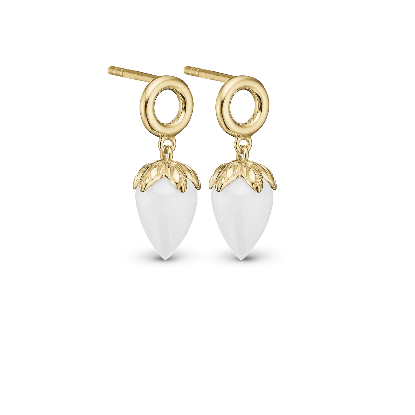 White Chalcedony Stud Earrings - Polished Gold Plated Sterling Silver with 1 Kalcedon