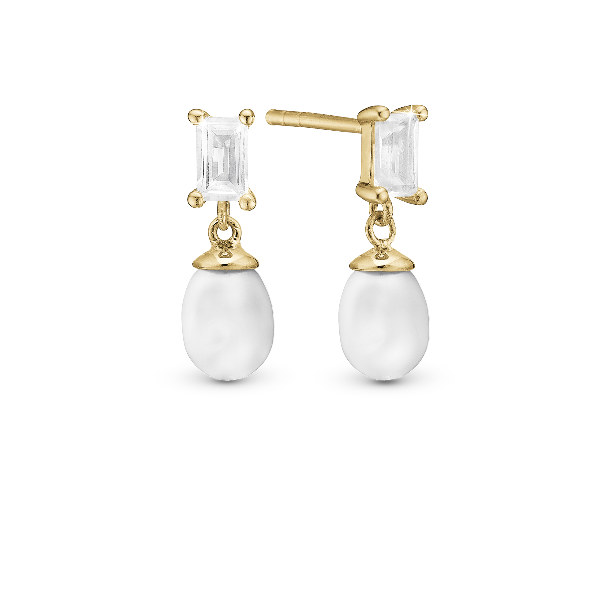 Pearl Baguette Stud Earrings - Polished Gold Plated Sterling Silver with 4 white Freshwater Pearls