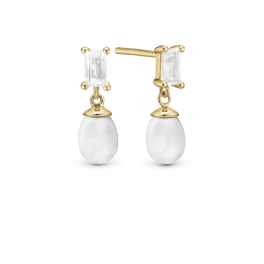 Pearl Baguette Stud Earrings - Polished Gold Plated Sterling Silver with 4 white Ferskvandsperler