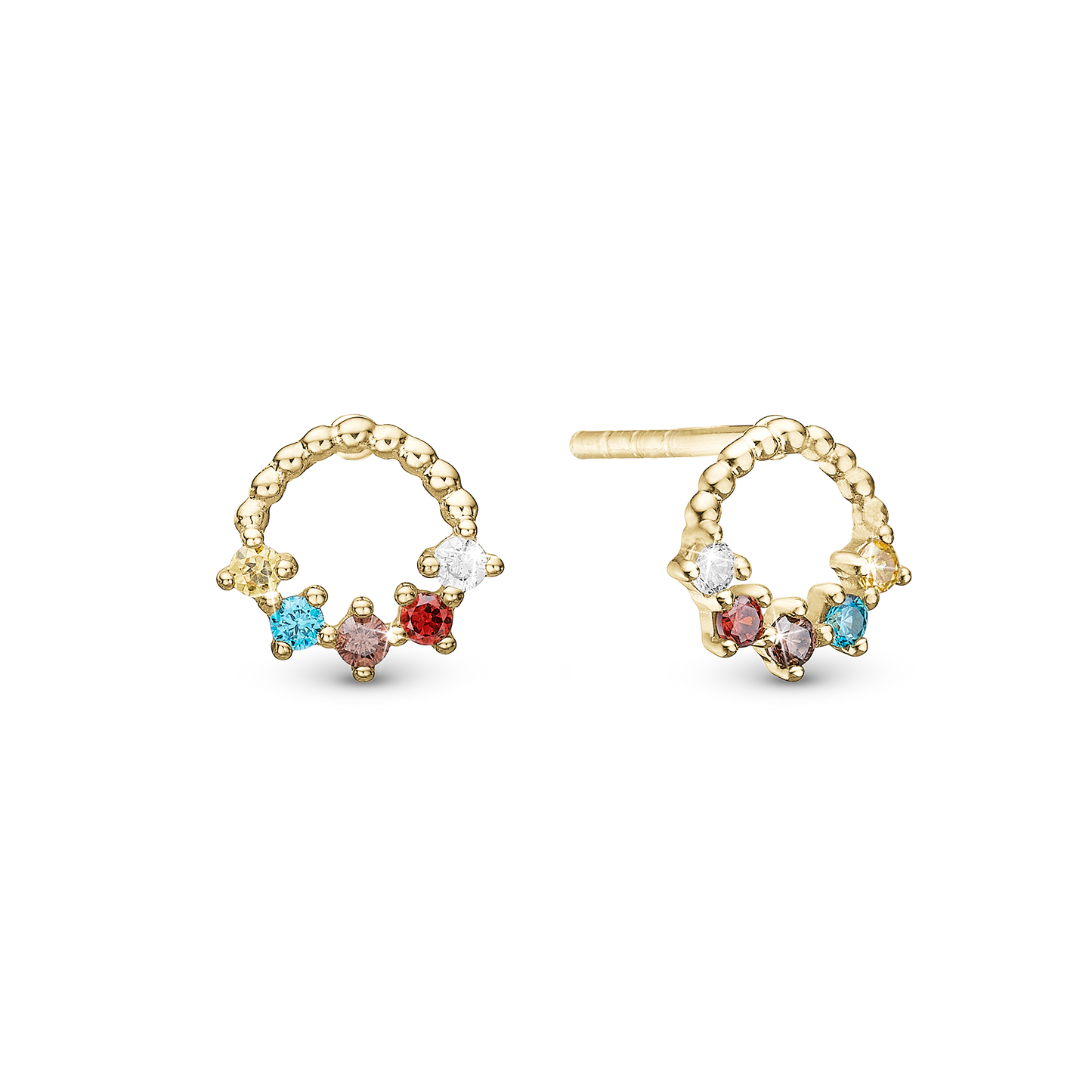 Rainbow Stud Earrings - Polished Gold Plated Sterling Silver with 10 Multi color Cubic Zirkonia