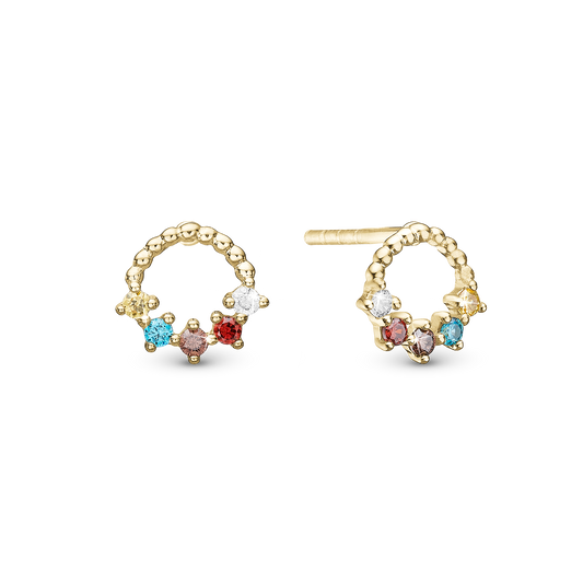 Rainbow Stud Earrings - Polished Gold Plated Sterling Silver with 10 Multi color Cubic Zirkonia