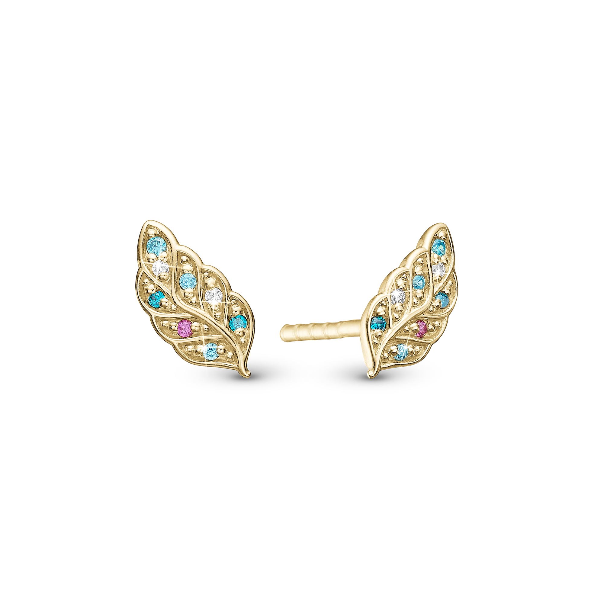 Peacock Stud Earrings - Polished Gold Plated Sterling Silver with 16 Multi color Cubic Zirkonia