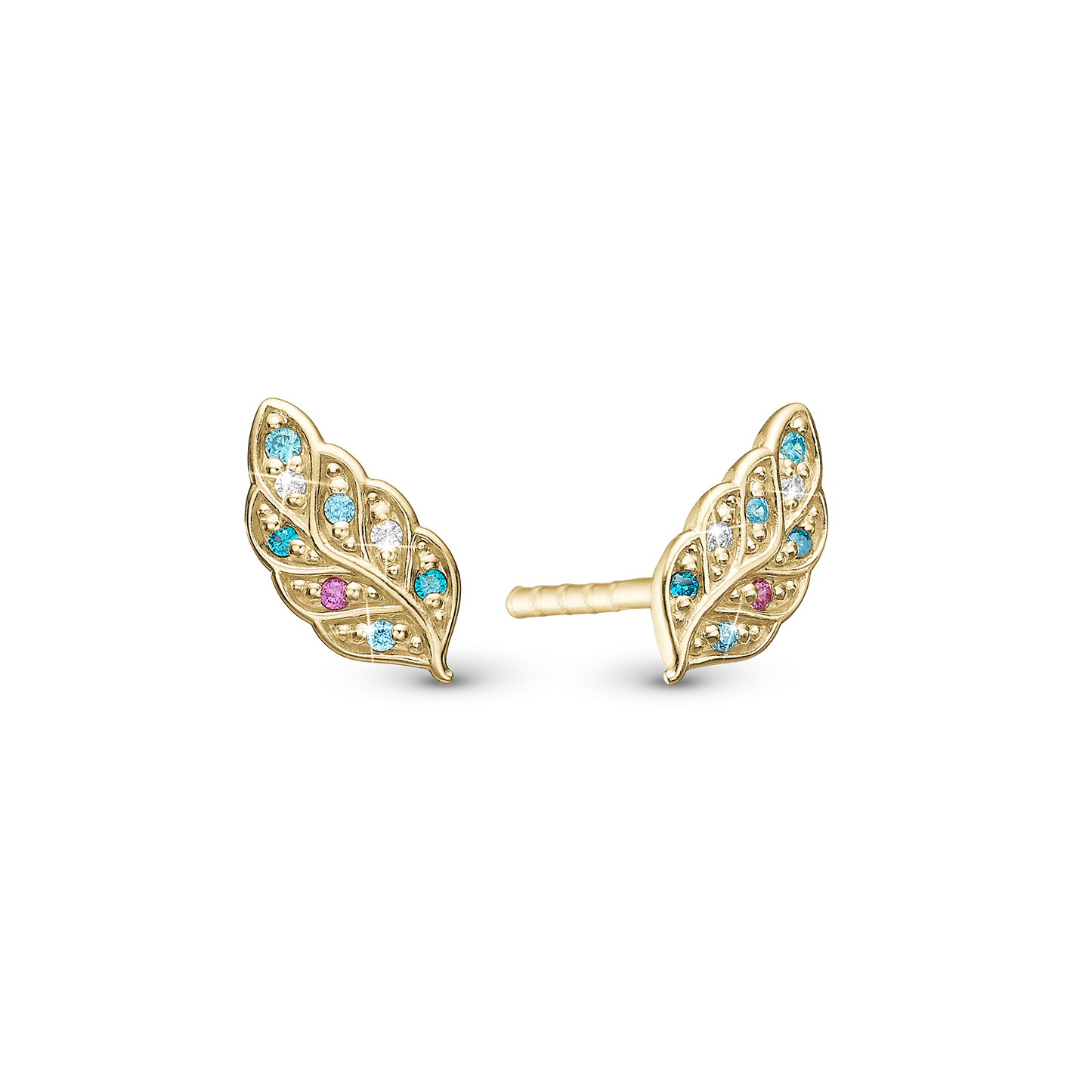 Peacock Stud Earrings - Polished Gold Plated Sterling Silver with 16 Multi color Cubic Zirkonia