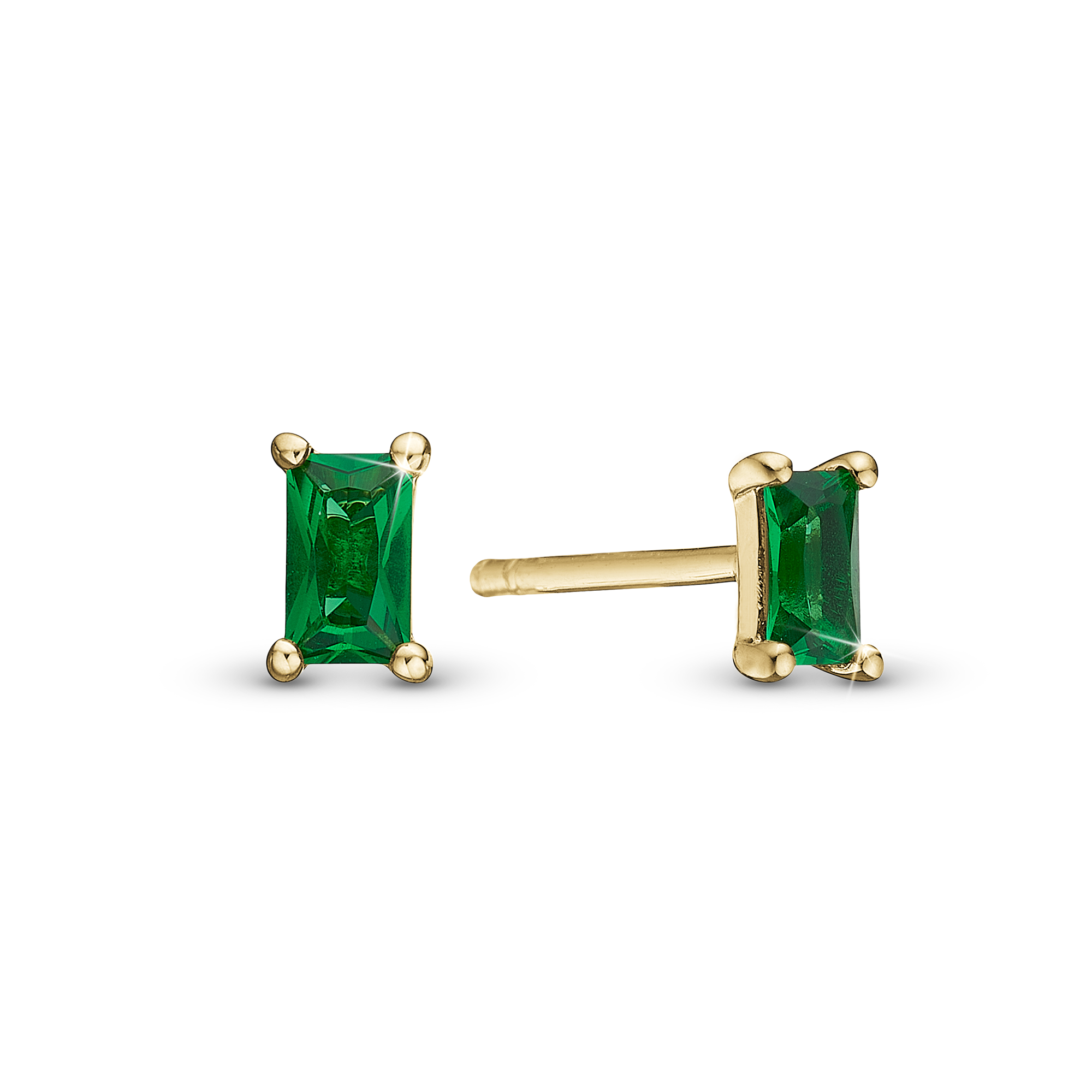 Green Baguette Stud Earrings - Polished Gold Plated Sterling Silver with 2 Greenne Cubic Zirkonia