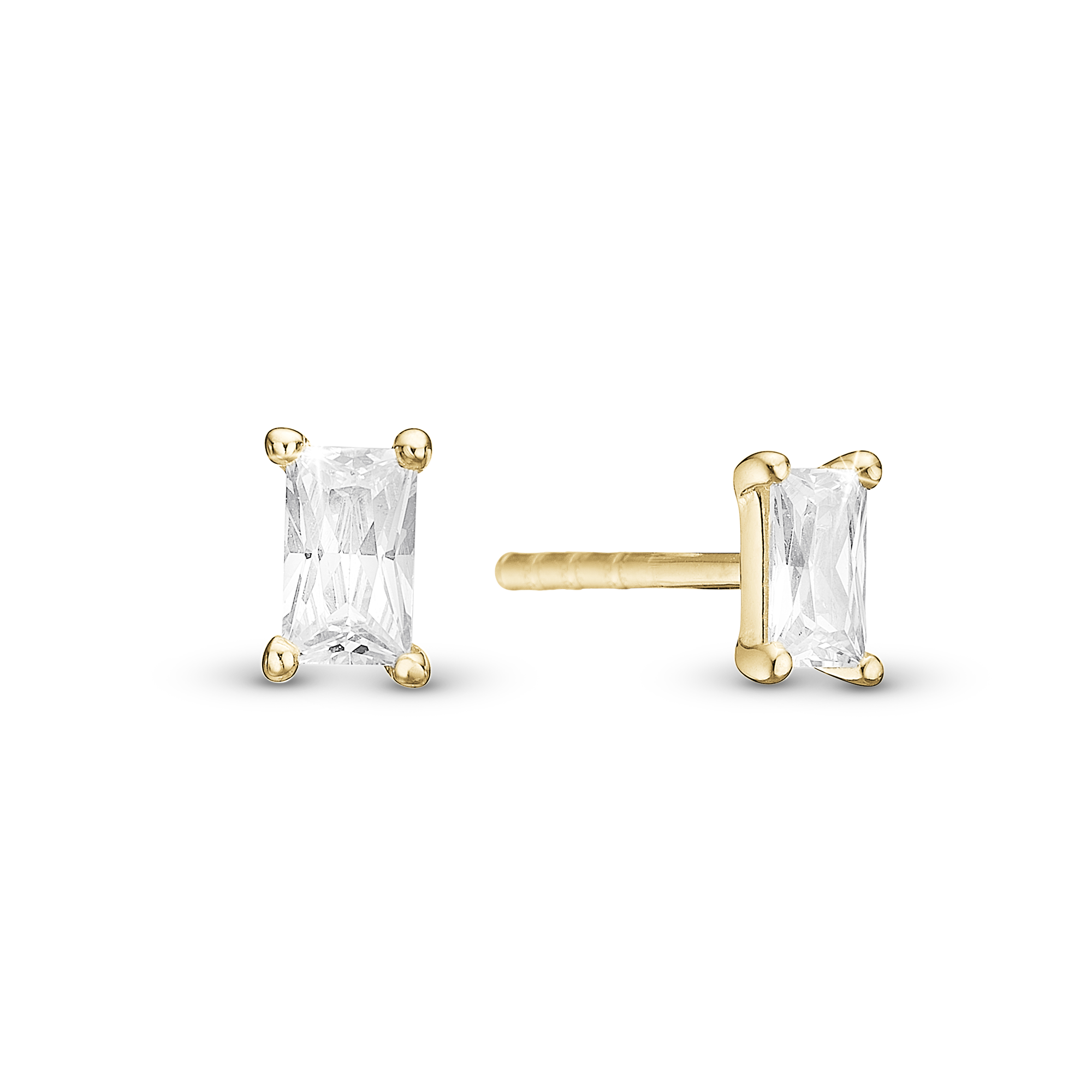 White Baguette Stud Earrings - Polished Gold Plated Sterling Silver with 2 white Cubic Zirkonia