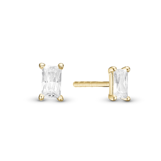 White Baguette Stud Earrings - Polished Gold Plated Sterling Silver with 2 white Cubic Zirkonia