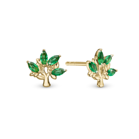Green Family Tree Stud Earrings - Gold Plated Sterling Silver with 8 Greenne Cubic Zirkonia