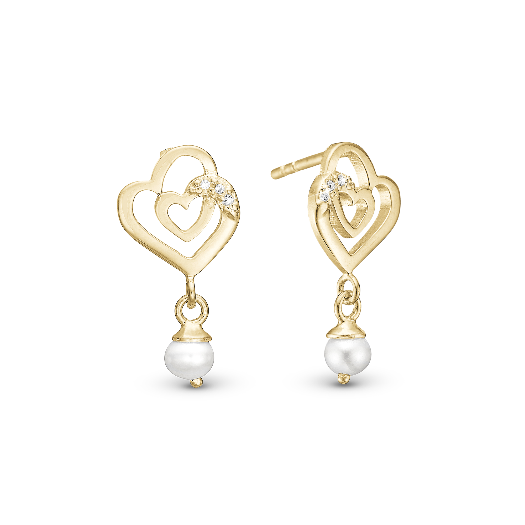 Two Hearts Stud Earrings - Gold Plated Sterling Silver with 8 white  Sparkling Gold Plated Sterling Silver with 6 white Freshwater Pearls