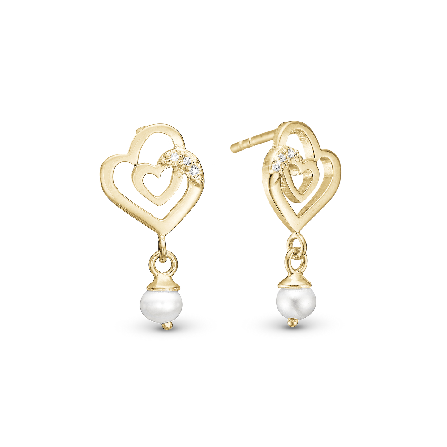 Two Hearts Stud Earrings - Gold Plated Sterling Silver with 8 white Ferskvandsperler