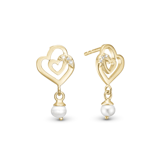 Two Hearts Stud Earrings - Gold Plated Sterling Silver with 8 white Ferskvandsperler