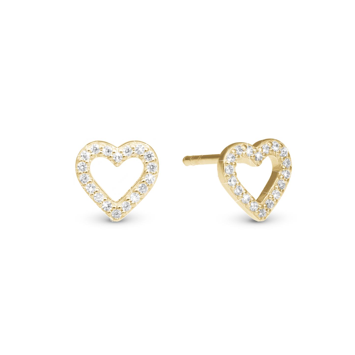 Shimmery Heart Stud Earrings - Polished Gold Plated Sterling Silver with 36 white Cubic Zirkonia