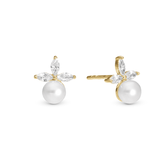 Pearl Lotus Stud Earrings - Polished Gold Plated Sterling Silver