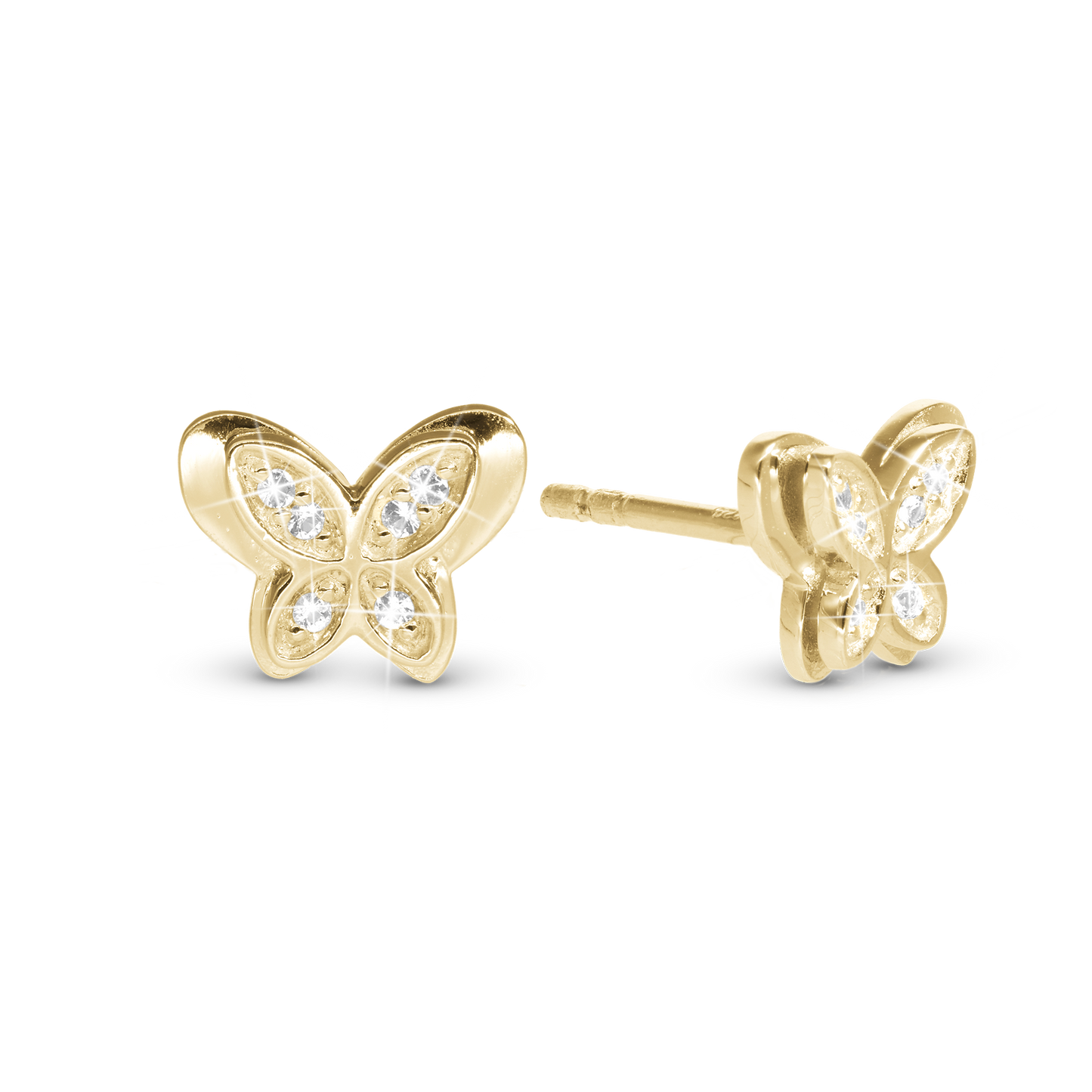 Vibrant Butterfly Stud Earrings - Polished Gold Plated Sterling Silver with 12 white Cubic Zirkonia