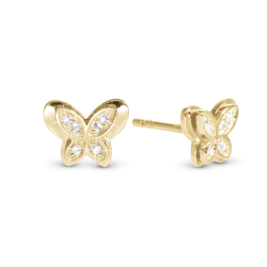 Vibrant Butterfly Stud Earrings - Polished Gold Plated Sterling Silver with 12 white Cubic Zirkonia
