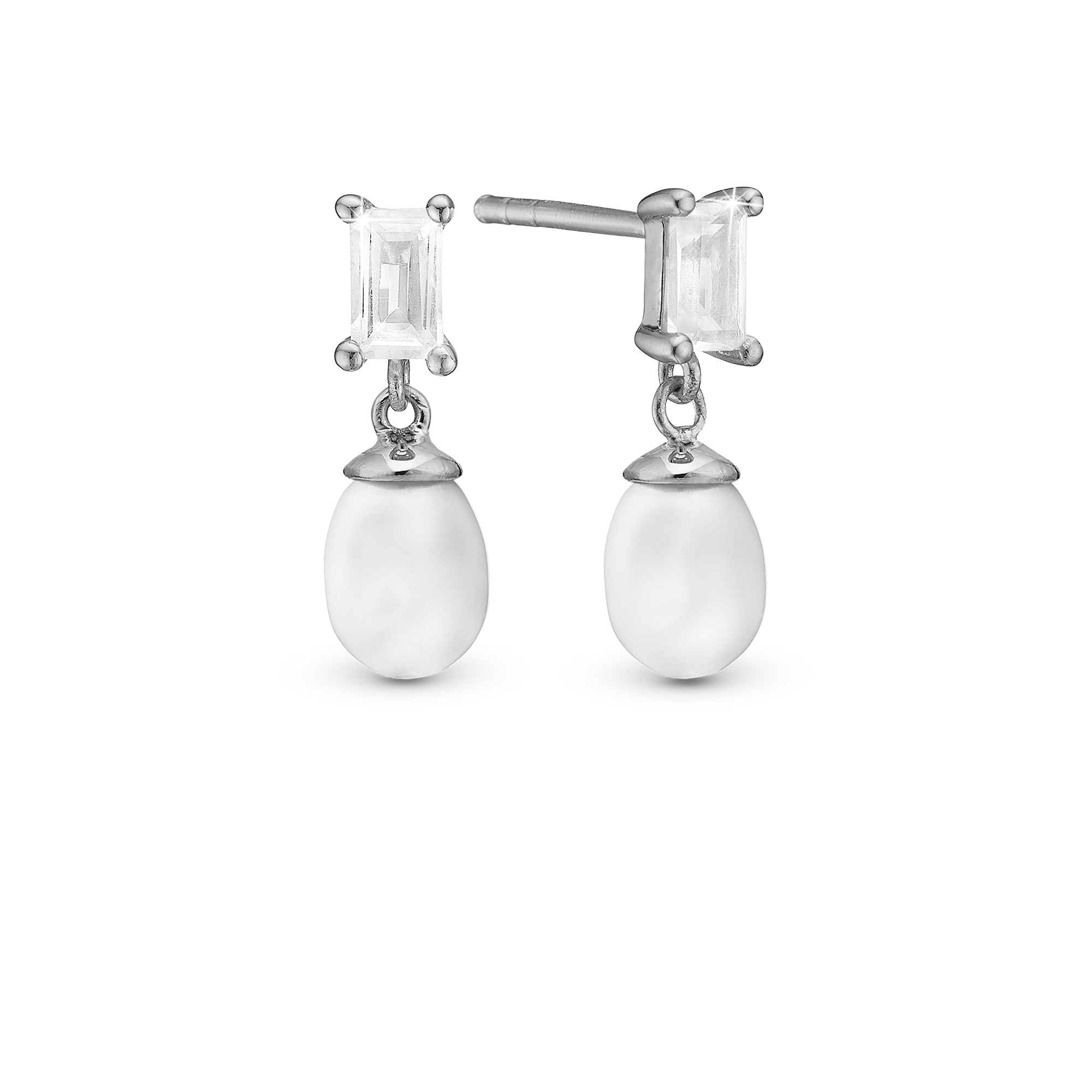 Pearl Baguette Stud Earrings - Polished Sterling Silver with 4 white Freshwater Pearls