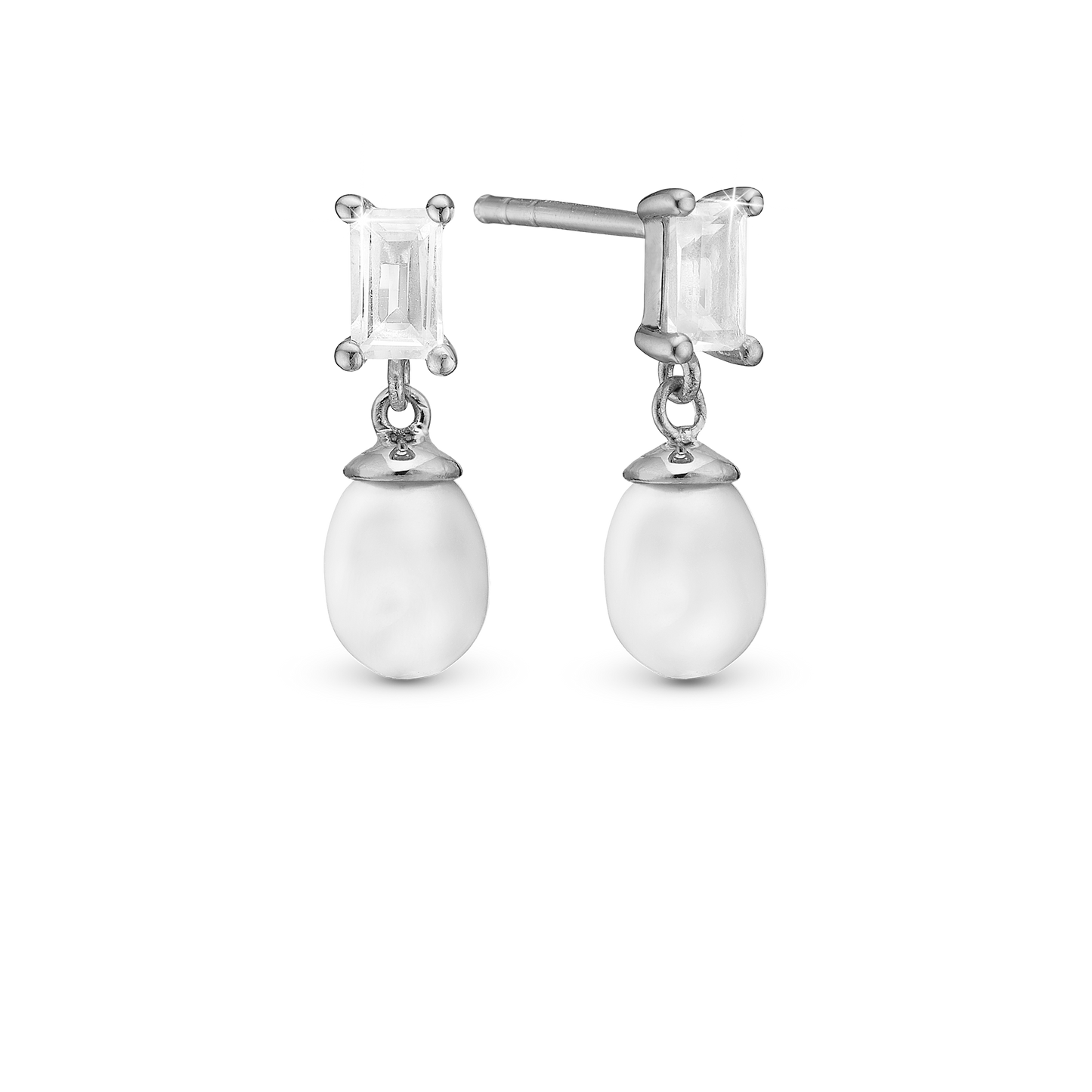 Pearl Baguette Stud Earrings - Polished Sterling Silver with 4 white Ferskvandsperler