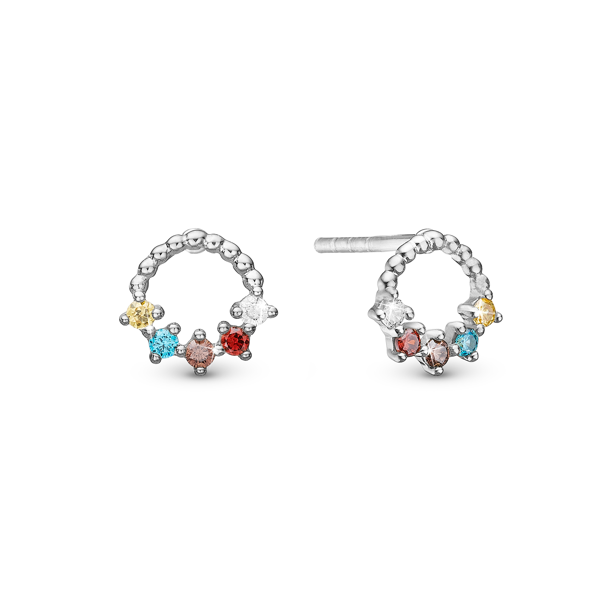 Rainbow Stud Earrings - Polished Sterling Silver with 10 Multi color Cubic Zirkonia