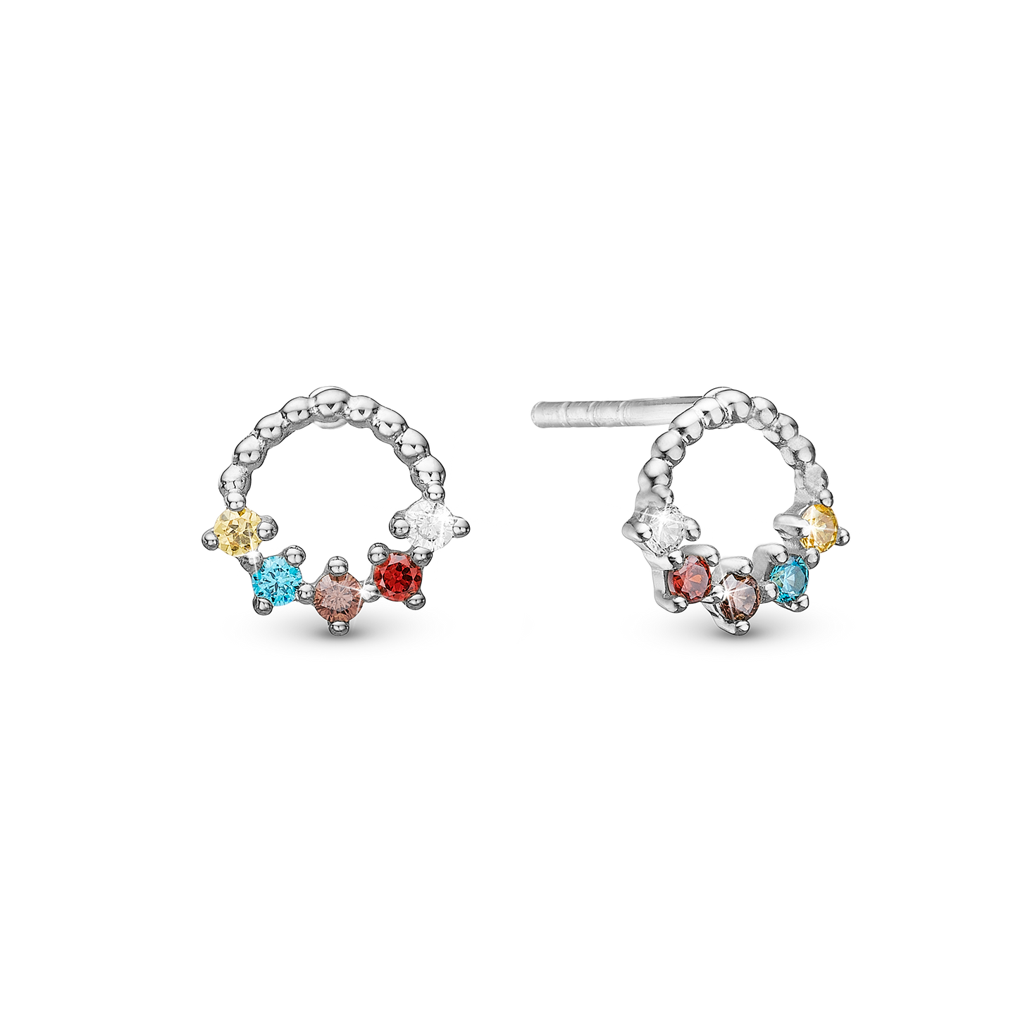Rainbow Stud Earrings - Polished Sterling Silver with 10 Multi color Cubic Zirkonia