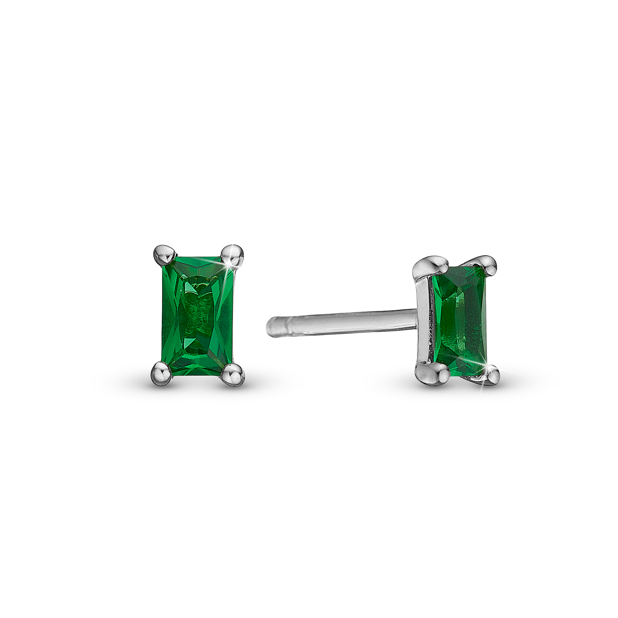 Green Baguette Stud Earrings - Polished Sterling Silver with 2 Greenne Cubic Zirkonia