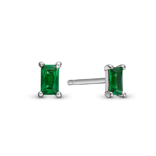 Green Baguette Stud Earrings - Polished Sterling Silver with 2 Greenne Cubic Zirkonia