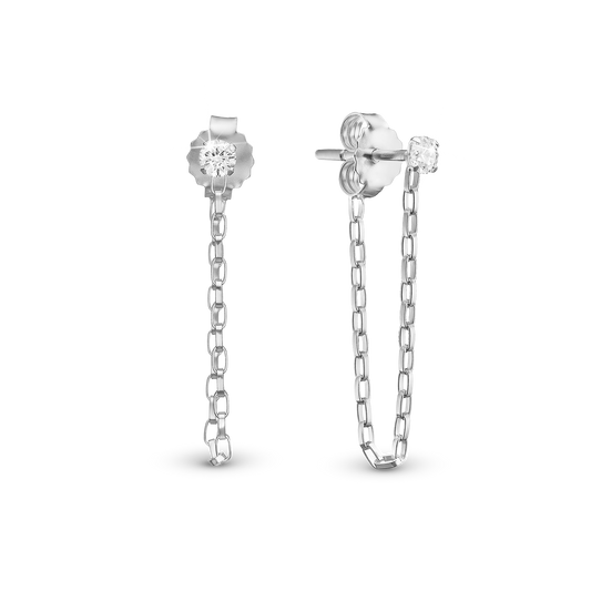 White CZ chain Stud Earrings - Polished Sterling Silver with 2 white Cubic Zirkonia