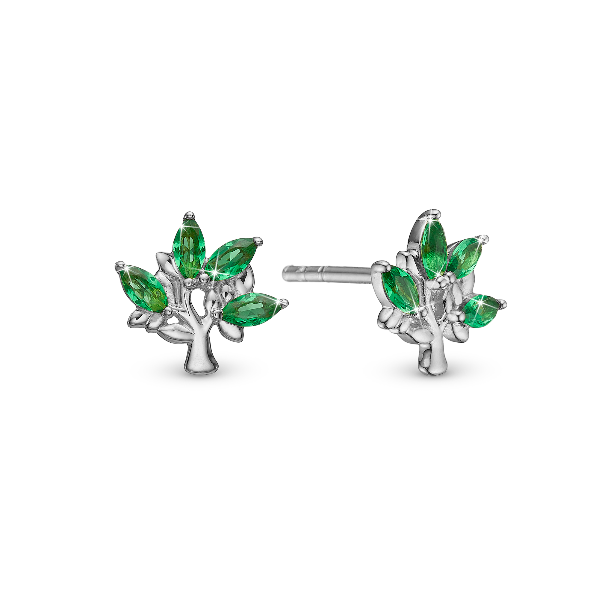 Green Family Tree Stud Earrings - Sterling Silver with 8 Greenne Cubic Zirkonia