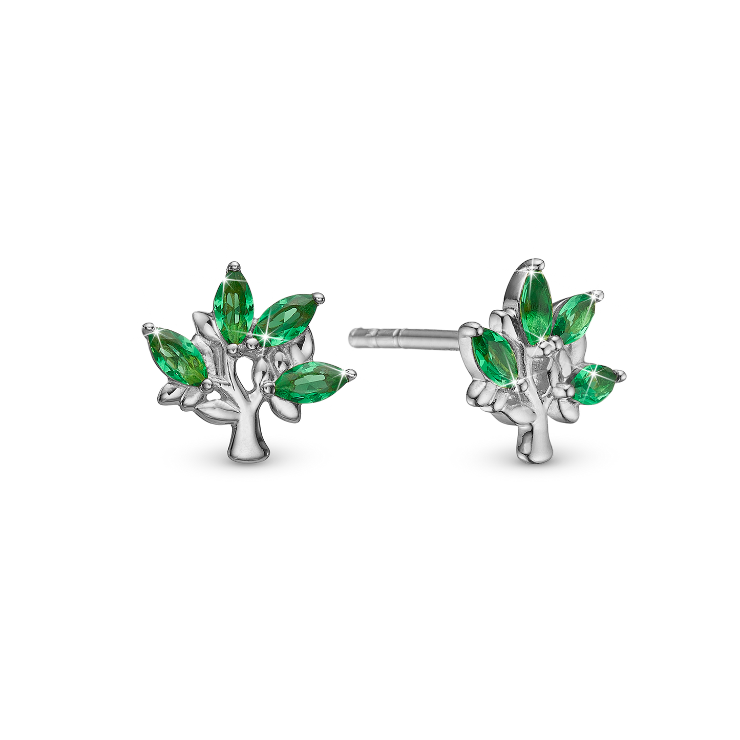 Green Family Tree Stud Earrings - Sterling Silver with 8 Greenne Cubic Zirkonia