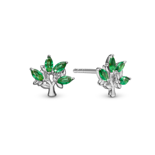 Green Family Tree Stud Earrings - Sterling Silver with 8 Greenne Cubic Zirkonia