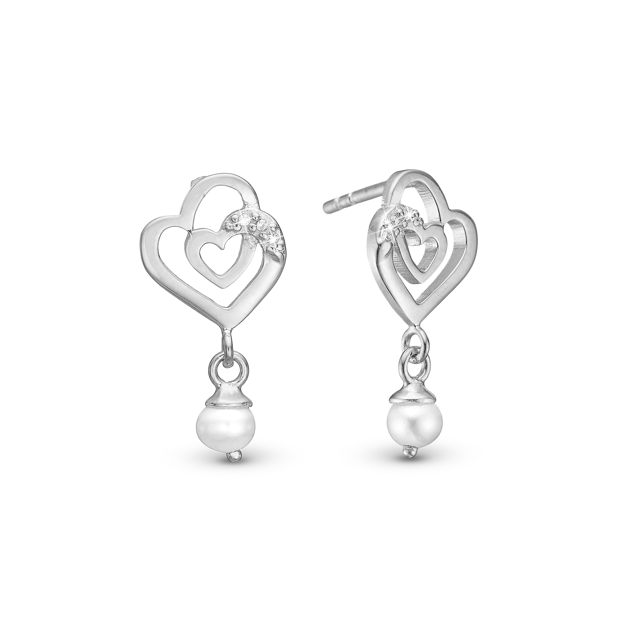 Two Hearts Stud Earrings - Sterling Silver with 8 white Freshwater Pearls