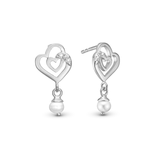 Two Hearts Stud Earrings - Sterling Silver with 8 white Ferskvandsperler