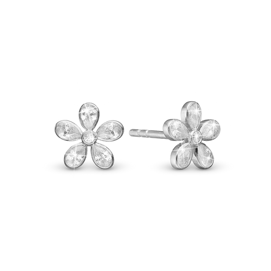 Magic white Flower Stud Earrings - Sterling Silver with 12 white Cubic Zirkonia