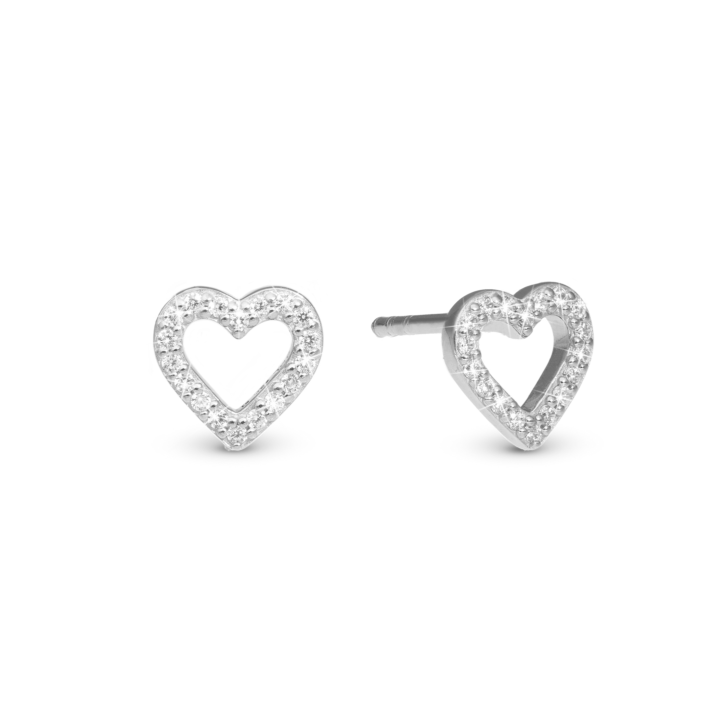 Shimmery Heart Stud Earrings - Polished Sterling Silver with 36 white Cubic Zirkonia