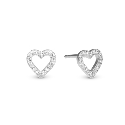Shimmery Heart Stud Earrings - Polished Sterling Silver with 36 white Cubic Zirkonia