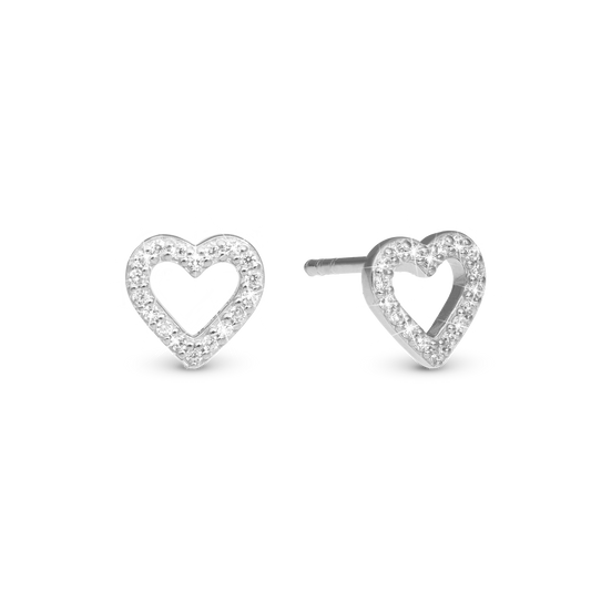 Shimmery Heart Stud Earrings - Polished Sterling Silver with 36 white Cubic Zirkonia