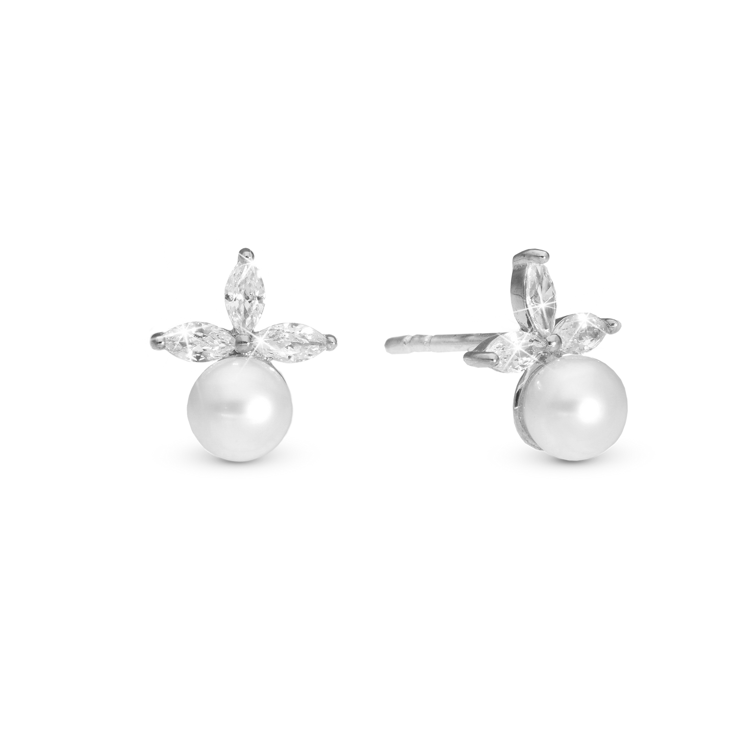 Pearl Lotus Stud Earrings - Polished Sterling Silver with 6 white Cubic Zirkonia