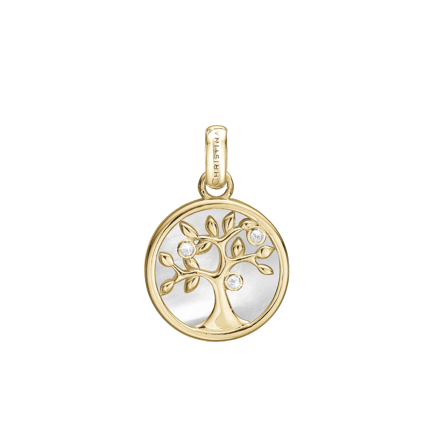 Tree of Life perlemor Earring Pendant - Polished Gold Plated Sterling Silver with 3 white Cubic Zirkonia
