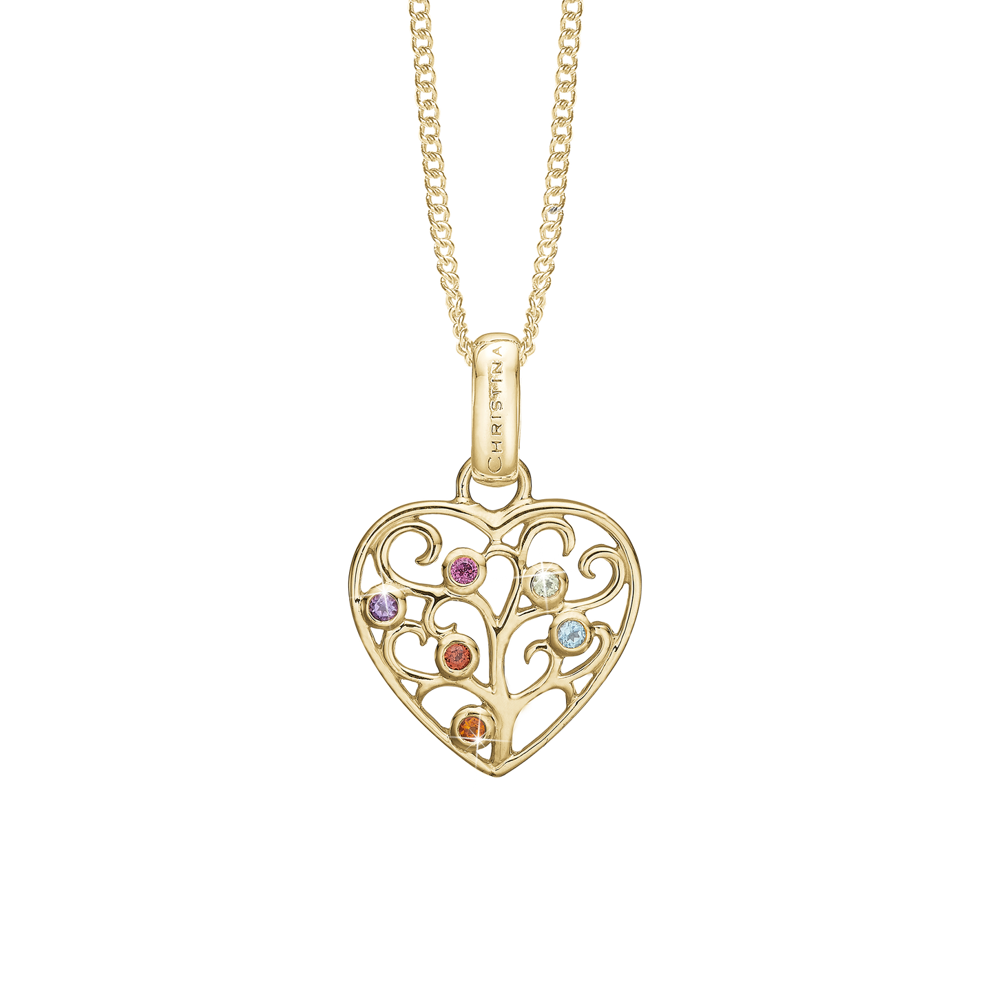 Family Tree of Love Earring Pendant - Polished Gold Plated Sterling Silver with 6 Multi color Cubic Zirkonia