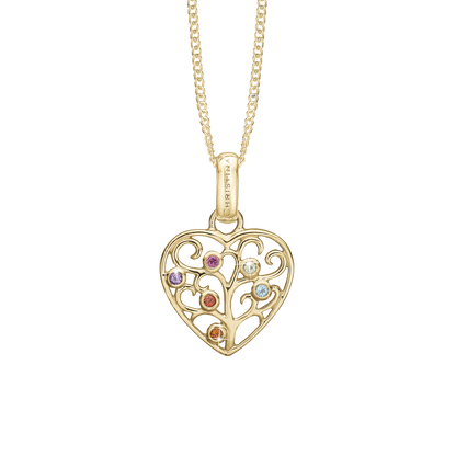 Family Tree of Love Earring Pendant - Polished Gold Plated Sterling Silver with 6 Multi color Cubic Zirkonia