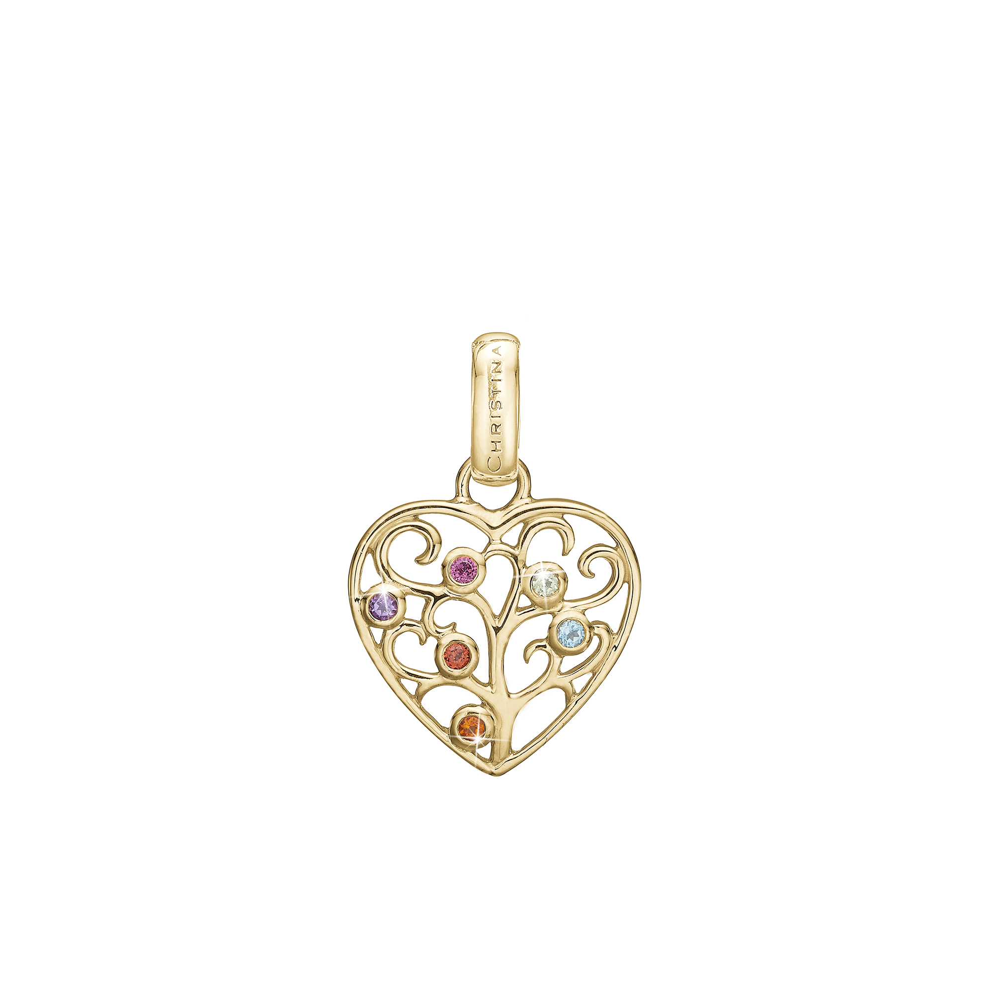 Family Tree of Love Earring Pendant - Polished Gold Plated Sterling Silver with 6 Multi color Cubic Zirkonia
