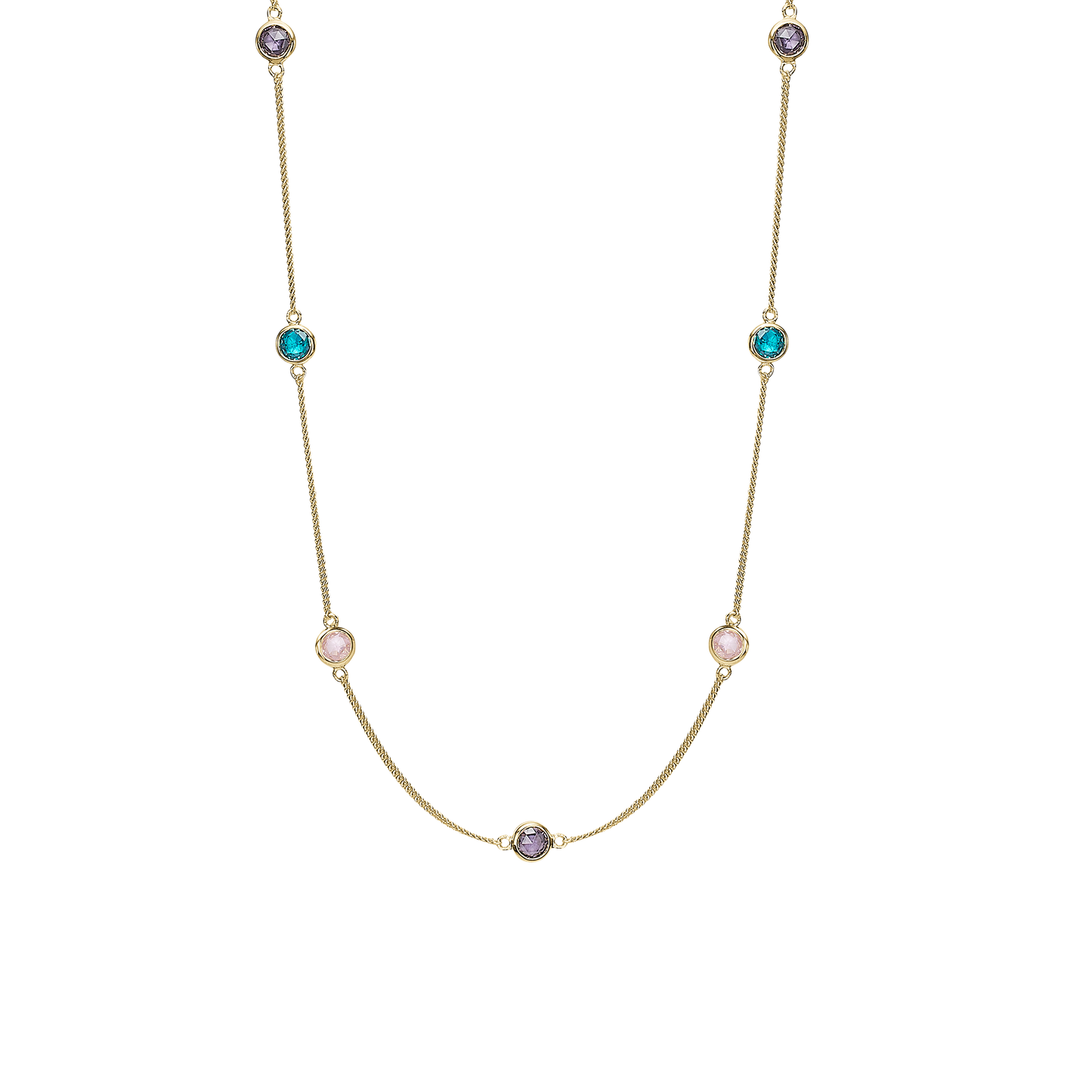 Colourful Champagne Necklace - Polished Gold Plated Sterling Silver with 7 Multi color Cubic Zirkonia