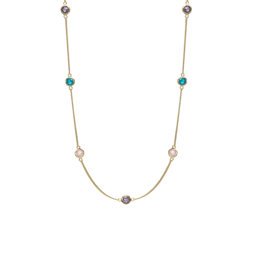 Colourful Champagne Necklace - Polished Gold Plated Sterling Silver with 7 Multi color Cubic Zirkonia